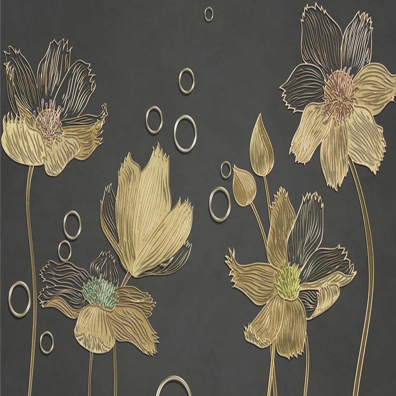 Photo Wallpaper European Style Flowers Golden Embossed Lines Mural Living Room Bedroom Light Luxury Background Wall Paper
