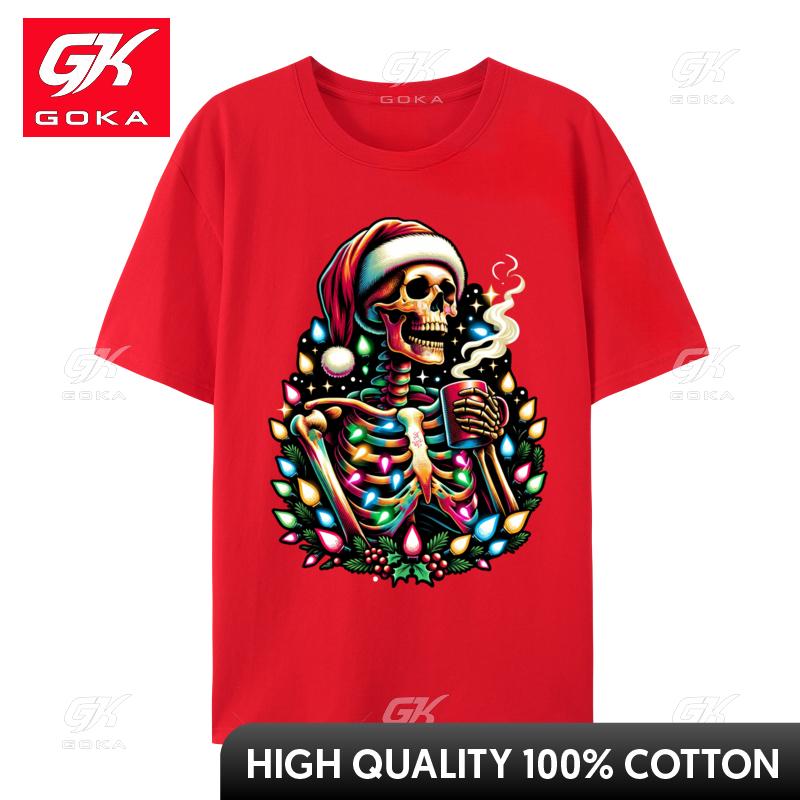 Cozy Christmas Skeleton Coffee Lover Lights XMas Skull Tshirt Unisex Pure Cotton Tee Shirt Camisas Unisex Funny Printed TShirt S