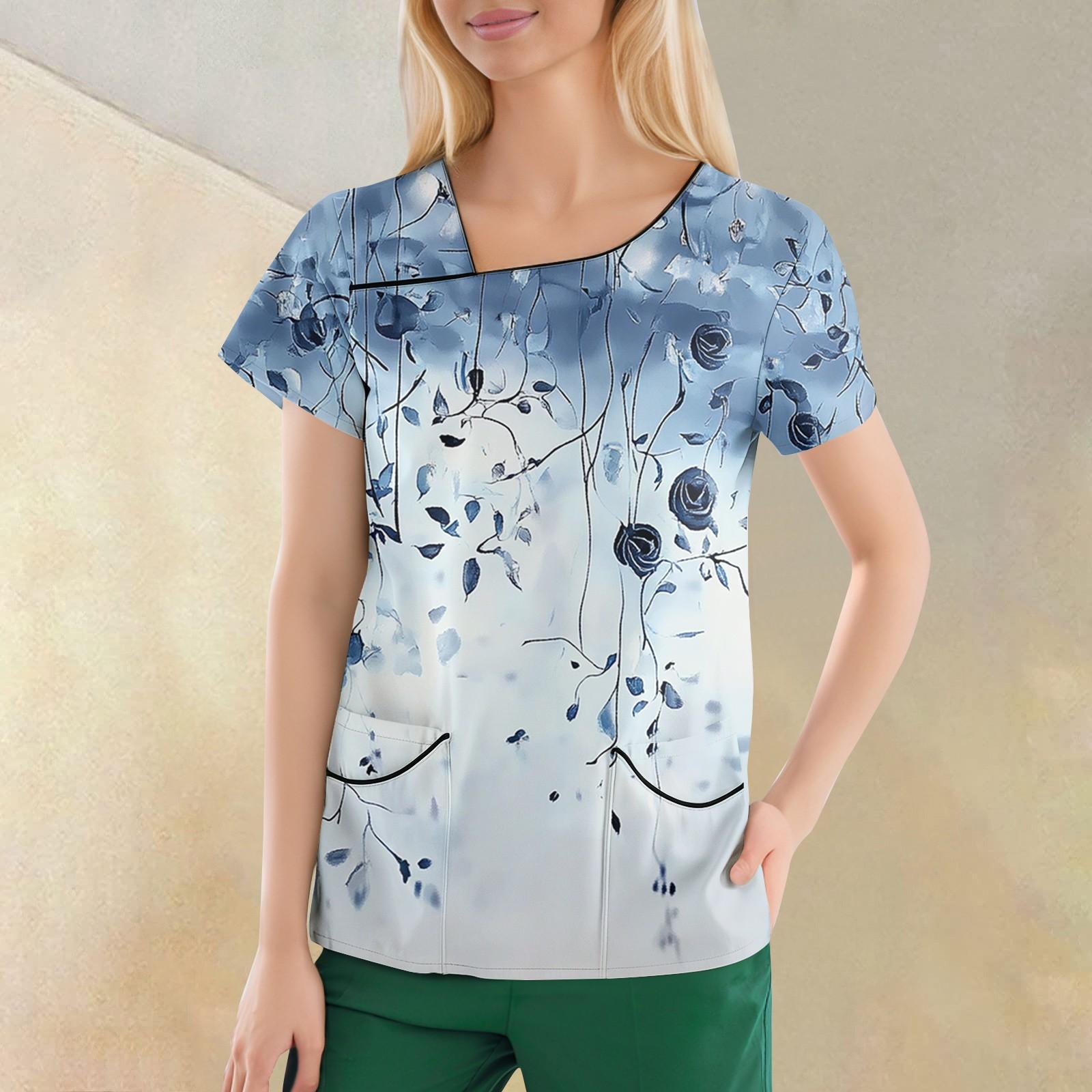 

Women s Casual Print Short Sleeve Sloping Collar Workwear Top With Double Pockets S