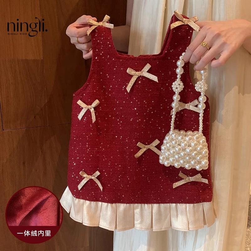 Girls Winter Princess Dress Toddler Red New Fleece Lined Sleeveless Party Gown Kids Formal Occasion