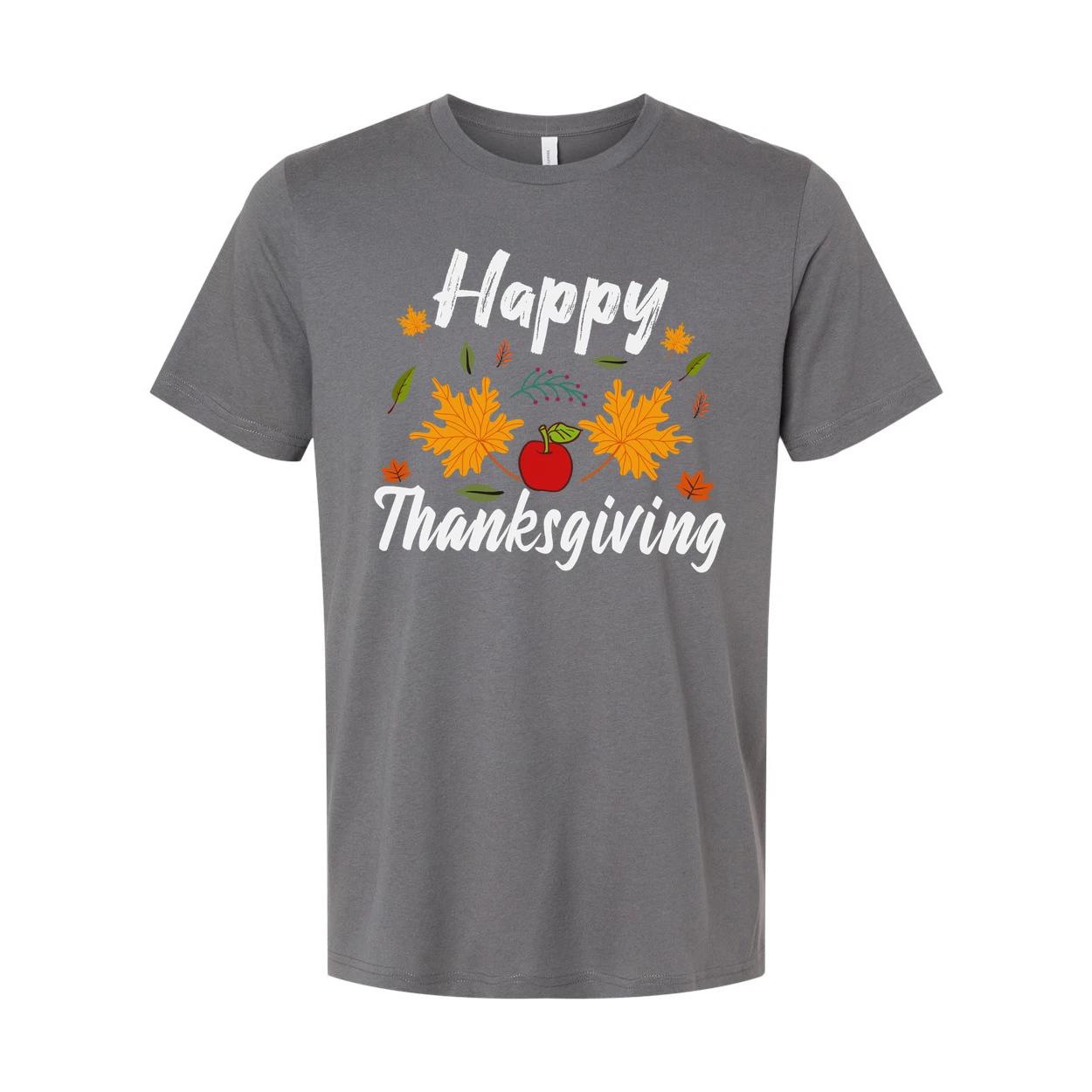 

Happy Thanksgiving Unisex T Shirt With Autumn Leaves And Apple Graphic Design Il XL
