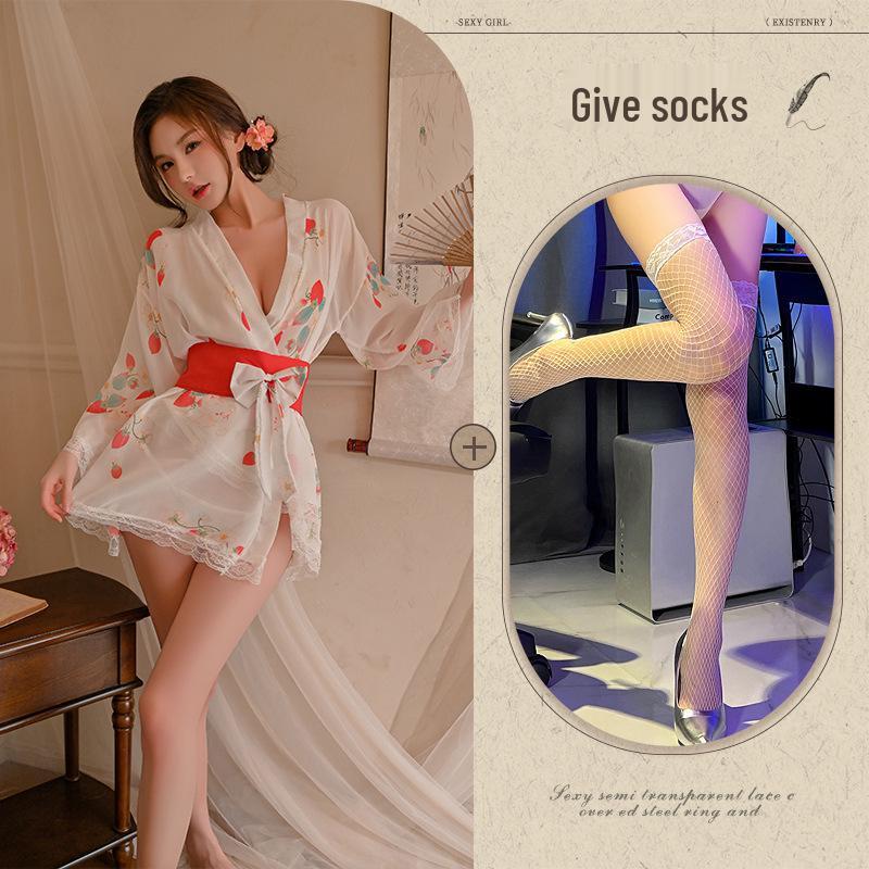 Women's Summer Sakura Kimono: Ice Silk V-neck Onsen Bathrobe & Sexy Print Nightgown