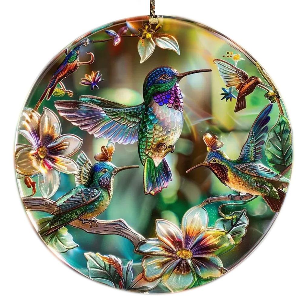 Portable Acrylic Hummingbird Hanging Suncatcher Flat Round Window Pendant Ornament Colorful Garland Decoration Window