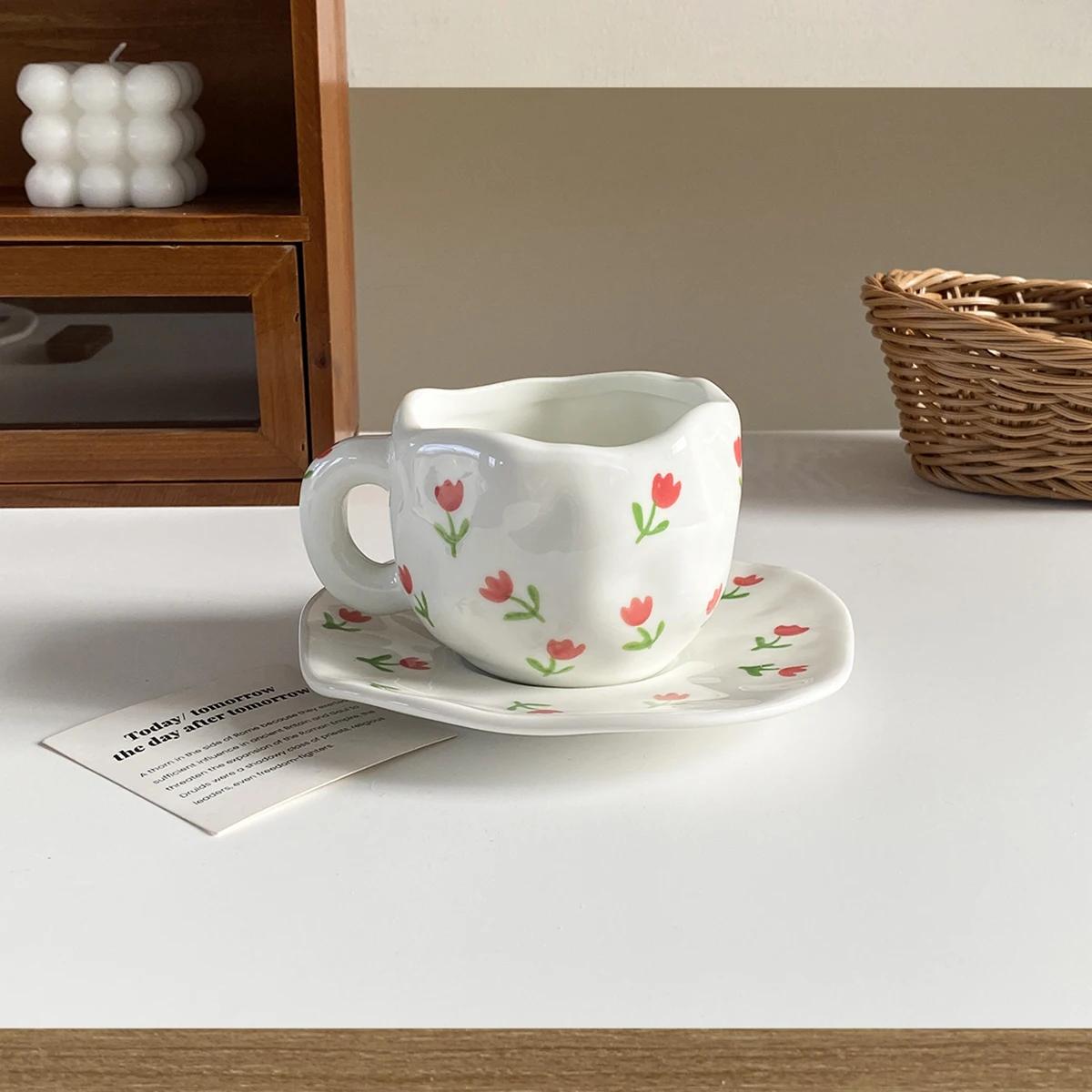 

280 мл Керамическая кофейная чашка с блюдцем ручной работы Многоцветная клетка Голубое небо Белые облака Кружка Блюдце Десертная тарелка Кофейная чашка Подарок 280ml