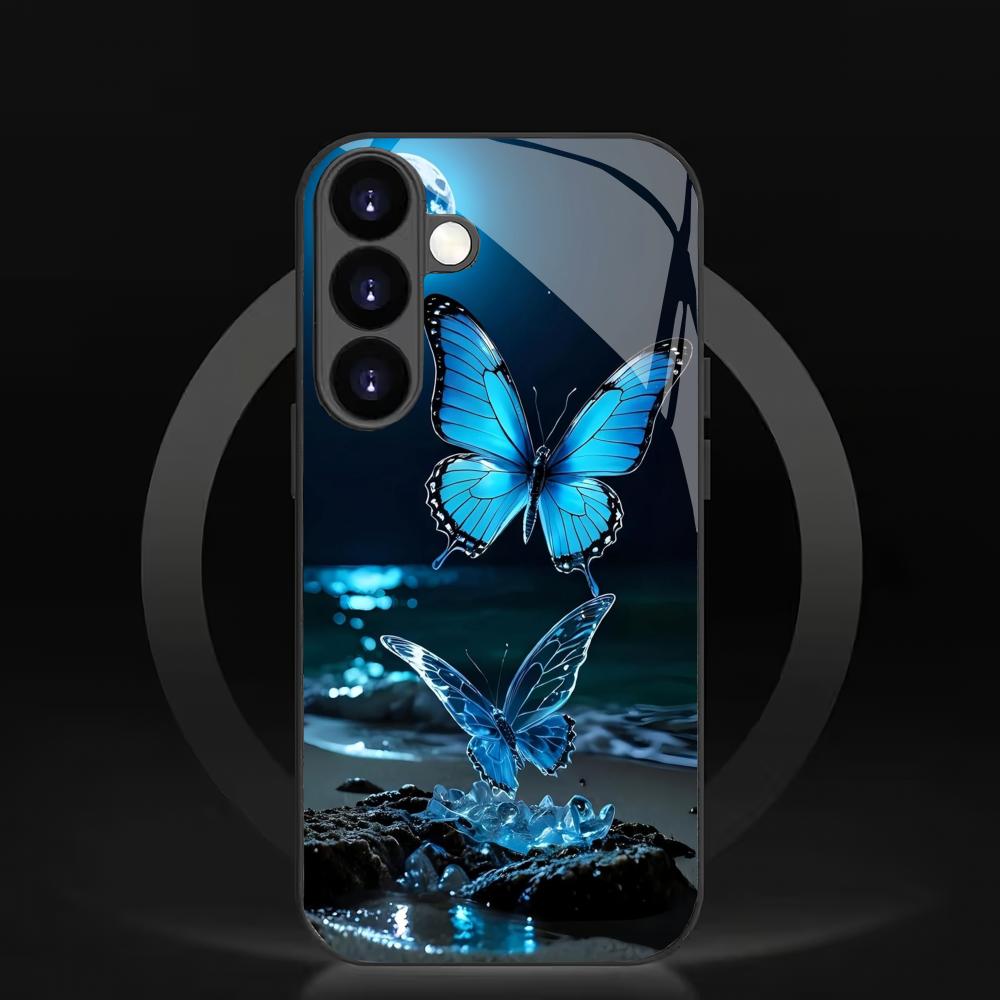 Blue Butterfly Tempered Glass Phone Case Suitable for Samsung Galaxy S26 S25 S24 S23 S22 S20 FE/Ultra/Plus Anti Drop Back Cover