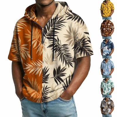 Men's Casual Hooded Zipper Neck Sweatshirt Short Sleeve Top