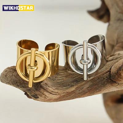 OT Buckle Ring for Women Geometric Chain Stainless Steel Wide Finger Rings Opening Adjustable Hip Hop Jewelry Party Girls Gifts