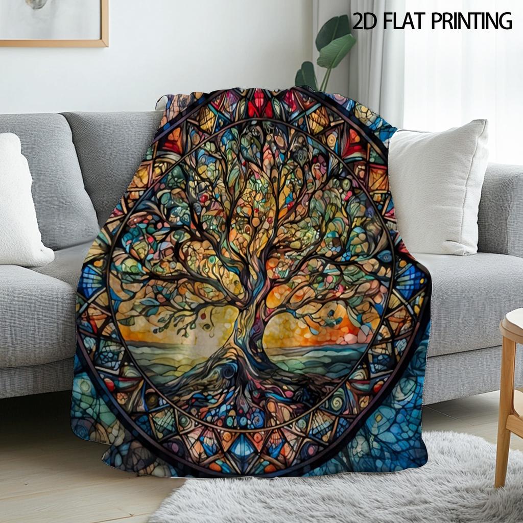 Stained Glass Tree Of Life Flannel Throw Blanket Colorful Art Print Warm Cozy Sofa Bed Home Blanket