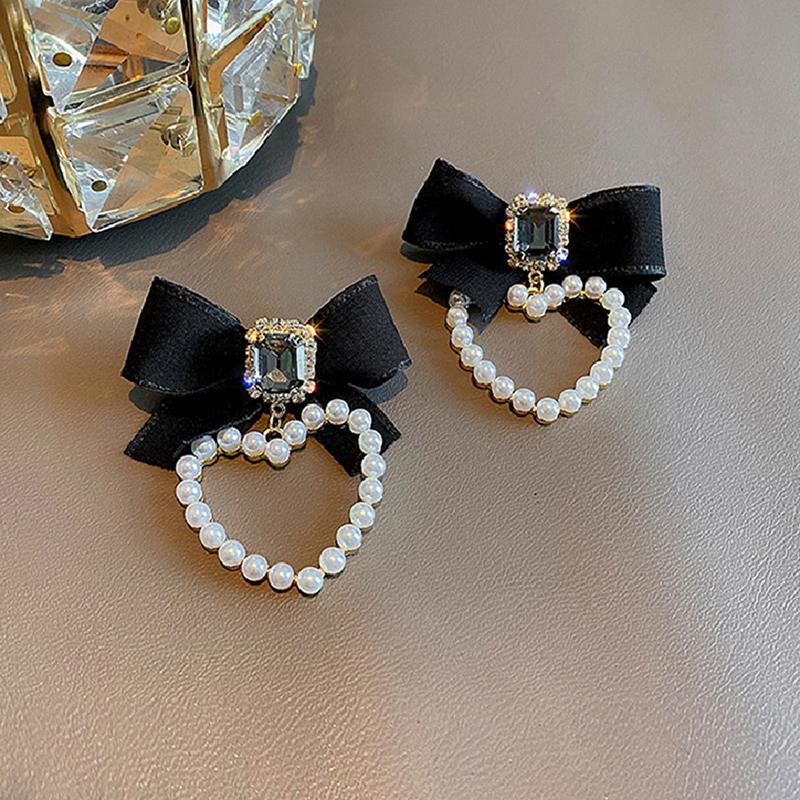 Black Bow Square  Earrings Women Elegant Pearl Heart Jewelry Gifts