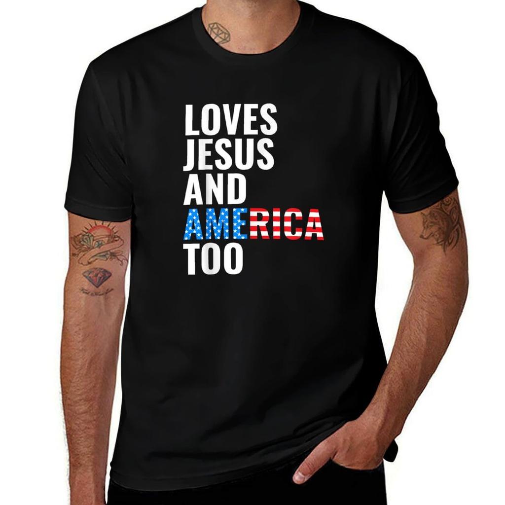 American Flag Loves Jesus And America Too Tshirt Work Outdoor Short Sleeve Tee Tshirt