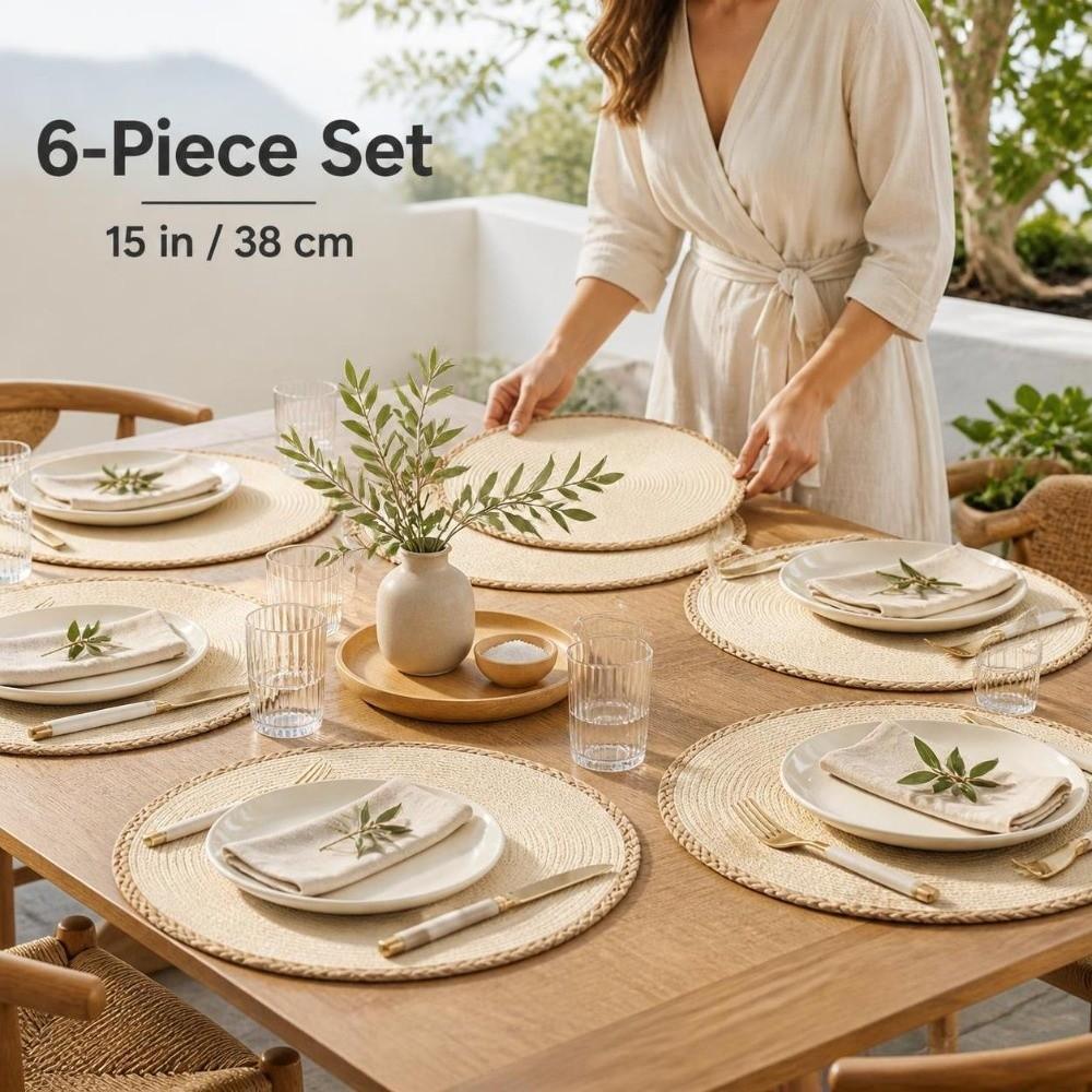 6pcs/set 15in Round Woven Placemats Bohemia Woven Dish Mats Boho Braided Table Mats  Coffee Cups