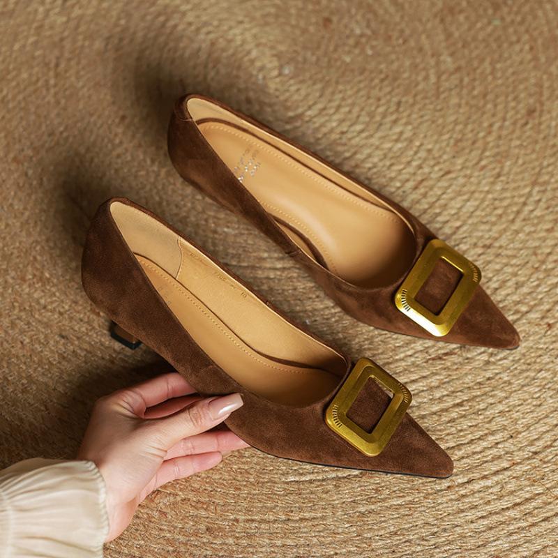 Versatile four-season shoes spring and summer new French pointed women's single shoes light mouth thin heel foot cover black professional commuting