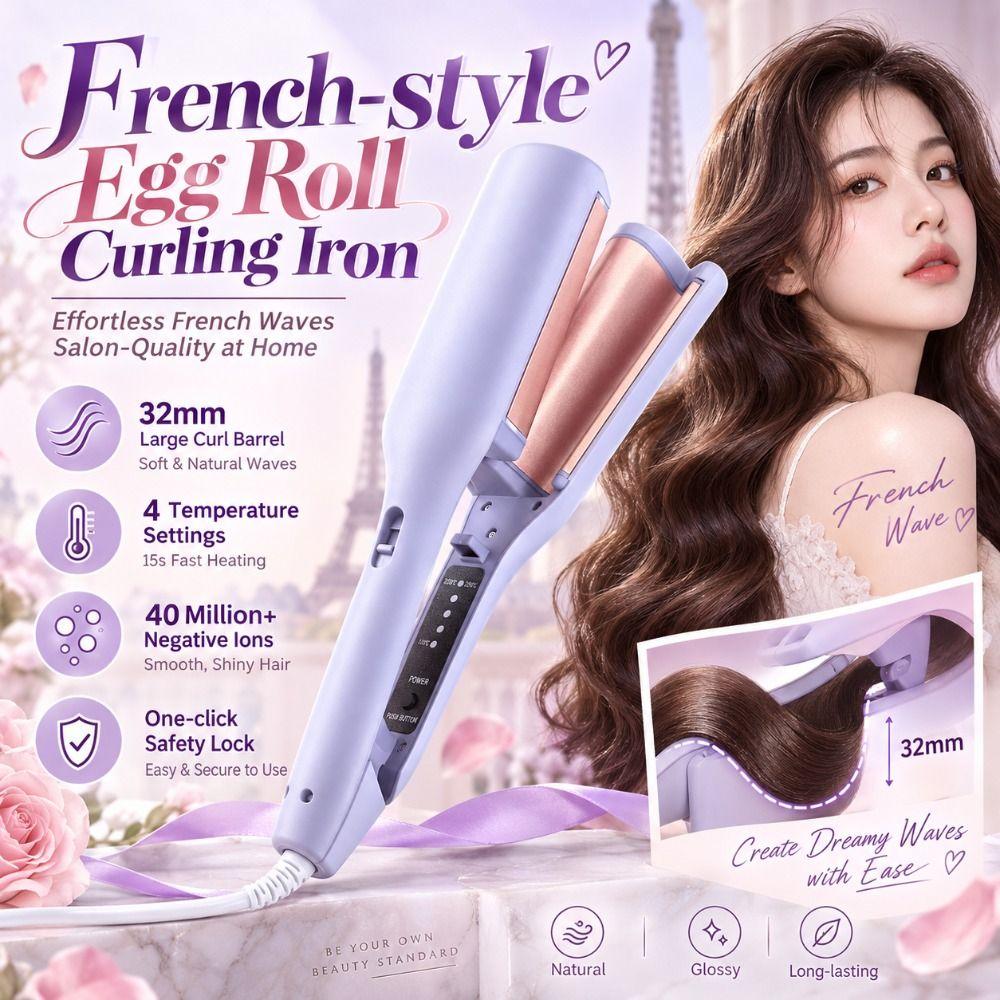 Clamping French-style Egg Roll Curling Iron 32mm Hair Styling Tool Wavy Hairstyles