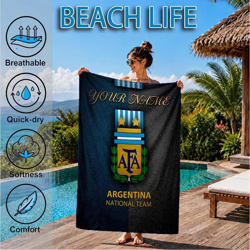 Custom Name Beach Towel Argentina Football Crest Soft and Quick-drying Beach Towel, Suitable for Travel, Swimming Pool, Gym, Yoga, Gifts