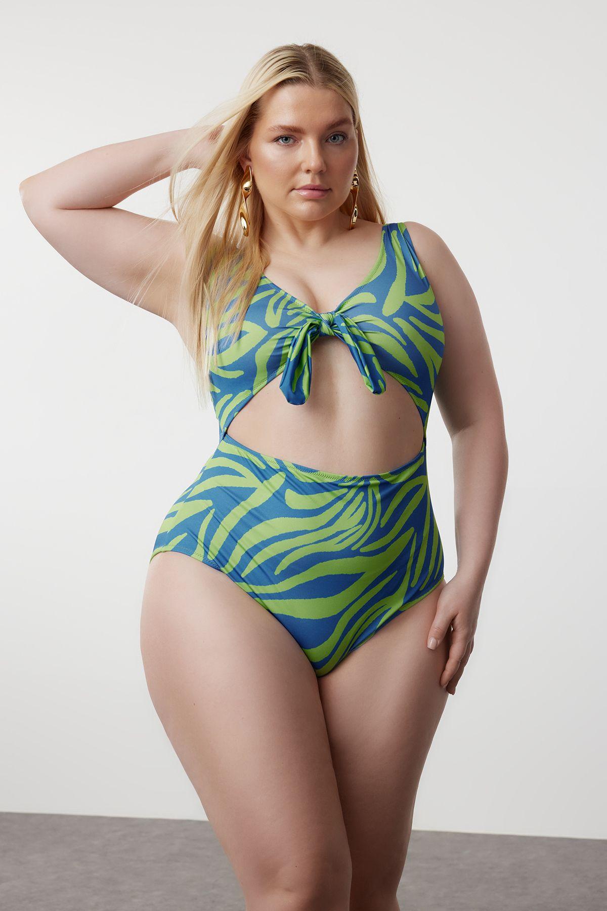 

Women s Fashion Floral Patterned Swimsuit with Blue-Green Tie Detail XL