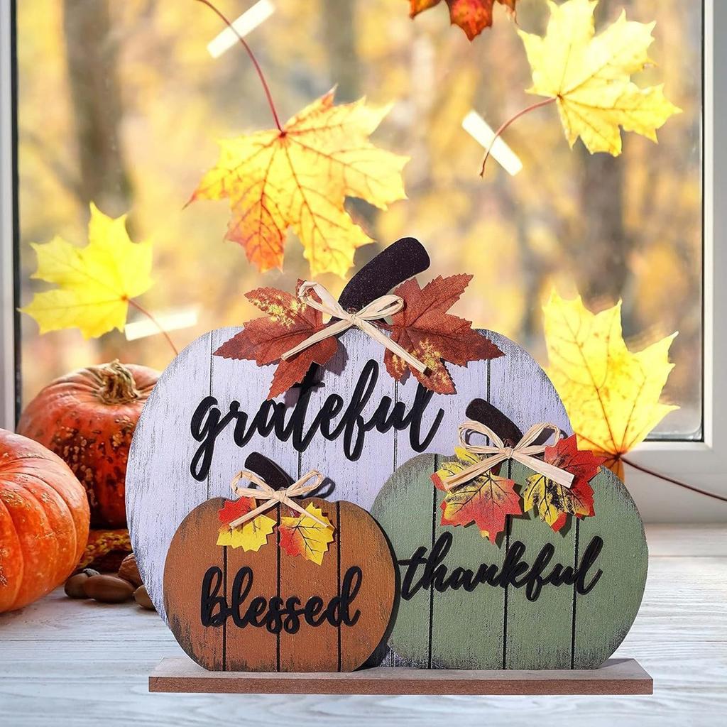 Fall Decorations For Home, Rustic Wooden Blessed GratefulHello Pumpkins Tabletop Sign Thanksgiving Decoration, For  Party