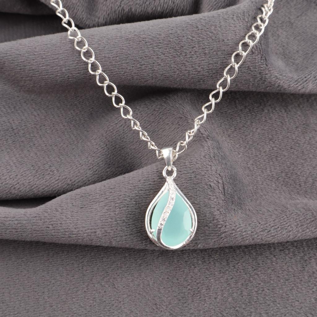 Aqua Chalcedony Gemstone Zircon Pendant 925 Sterling Silver Jewelry Gift For Her CZP-7-8