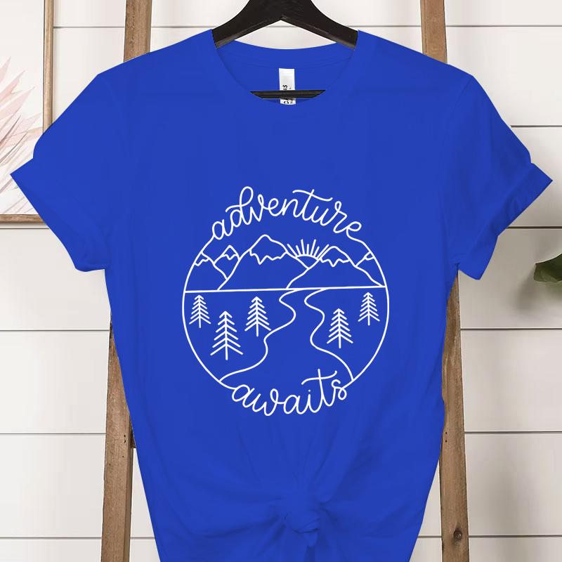 Adventure Awaits Outdoor Graphic T Shirts Women Mountain Nature Lover Gift Crew Neck Short Sleeve Tshirt Adventure Classic Tops