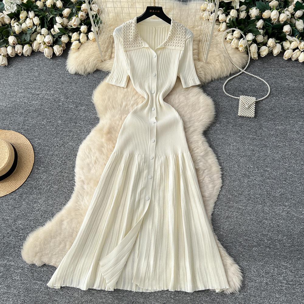 French Retro Foreign Celebrity Heavy Industry Bead Lapel Short Sleeve Single-breasted Waist and Thin Temperament Knitted Dress