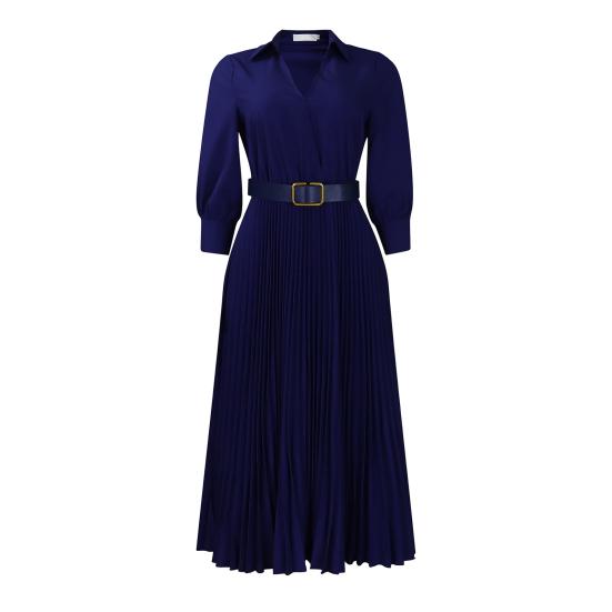 Sommerkleid für Damen, V-Ausschnitt, Revers, A-Linie, Dreiviertelärmel, plissiert, schmale Taille, Übergröße, reine Farbe, wadenlanges OL-Midikleid zum Pendeln