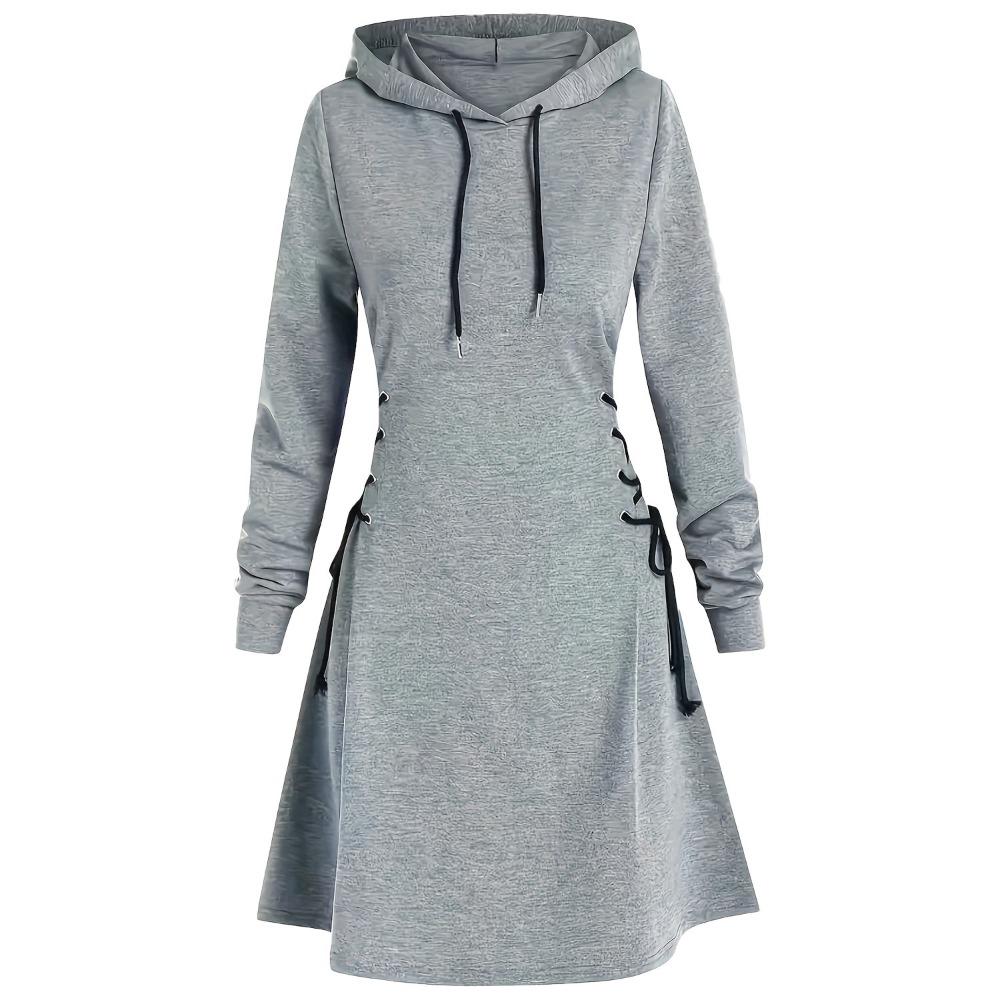 Women s Hooded Long Sleeve Midi Dress A Line Mid Waist Lace Up Side Casual Sweatshirt Dress S серый
