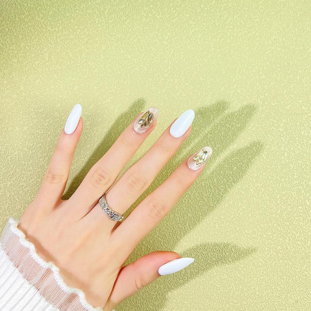 Elegant Milk White Handmade Wearable Nails with Gold Foil & Rhinestones - Versatile Daily Style