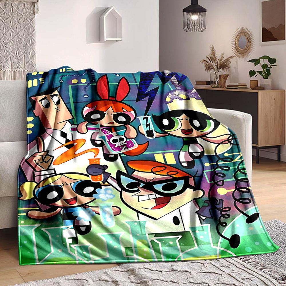 1pc Powerpuff Girls Science Lab Cozy Print Blanket Lightweight Warm Flannel Throw Blanket For Sofa, Bed, Living Room