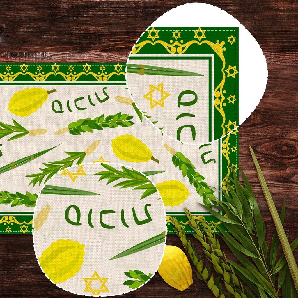 Happy Sukkot Linen Table Runner Sukkah Etrog Lulav Jewish Party Decor Reusable Kitchen Dining Table Runner Sukkot Decorations