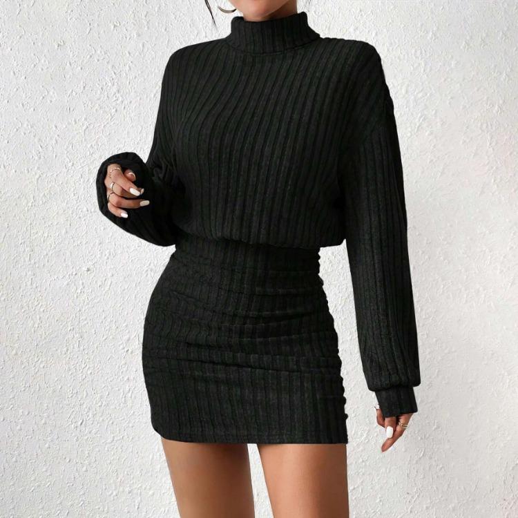 Dámské pletené šaty s vysokým pasem obepínající boky, dlouhý rukáv, jednobarevné, s vysokým výstřihem, ležérní, jarní, podzimní, nad koleno, s žebrováním