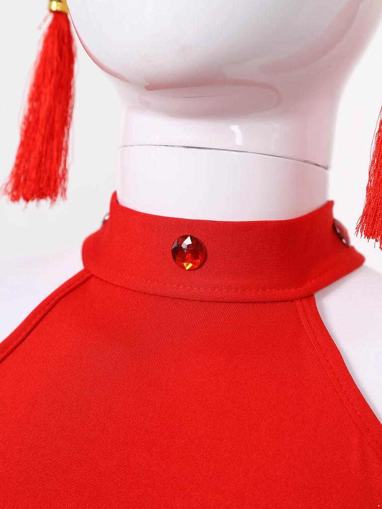 Girls Latin Dance Dress Rhinestone Hollow Back Design with Elastic Shorts and Tassel Earrings