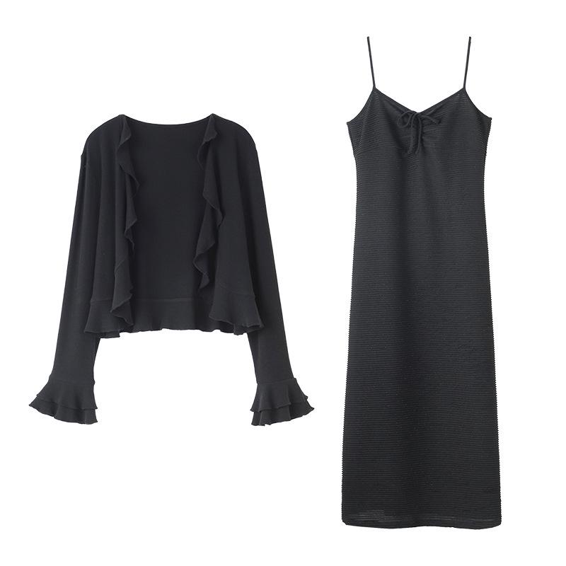 2025 Spring Shawl & Long Sleeve Camisole Dress Set - Plus Size Women's Two-Piece