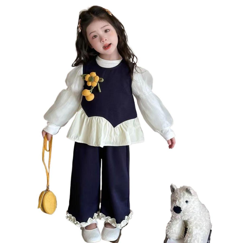 Chic Sunflower Lantern Sleeve Three-Piece Set for Girls