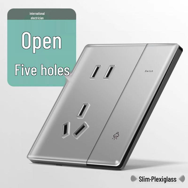 Bardzo cienki panel przełącznika i gniazdka z szarego szkła kryształowego - Typ 86, montaż podtynkowy, zestaw pięciootworowy do użytku domowego.