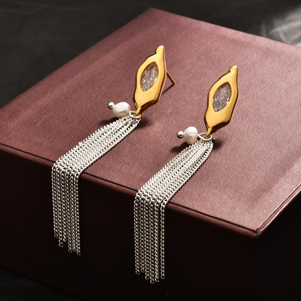 Elegant Long Tassel Chain Earrings, Luxury Pearl Drop Studs for Vacation