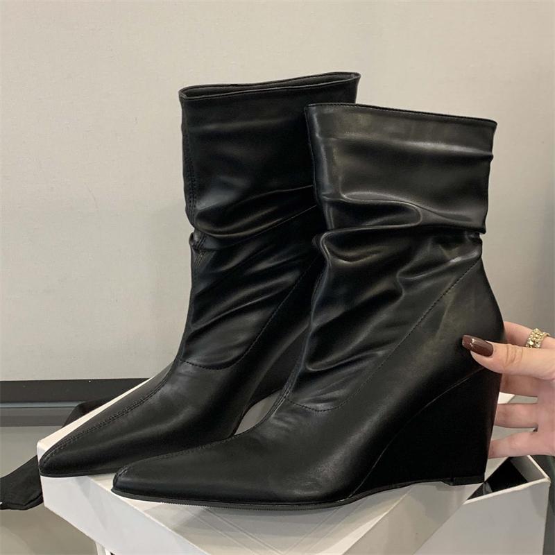 New Spring Autumn Designer Pleated Women Ankle Boots Wedges Heels Shoes Modern Short Botas  De Mujer 35