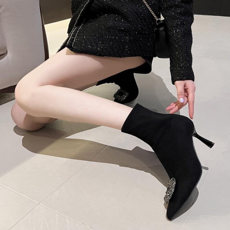 Vinter Nye Fine Hæler Bomullsstøvletter Dame Spisse Rhin-drill Spenne Erme Sklisikre Slitesterke Korte Støvletter
