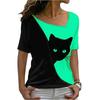 Diagonal Collar Black Cat Printed T-shirt Diagonal Collar Black Cat Print T-shirt