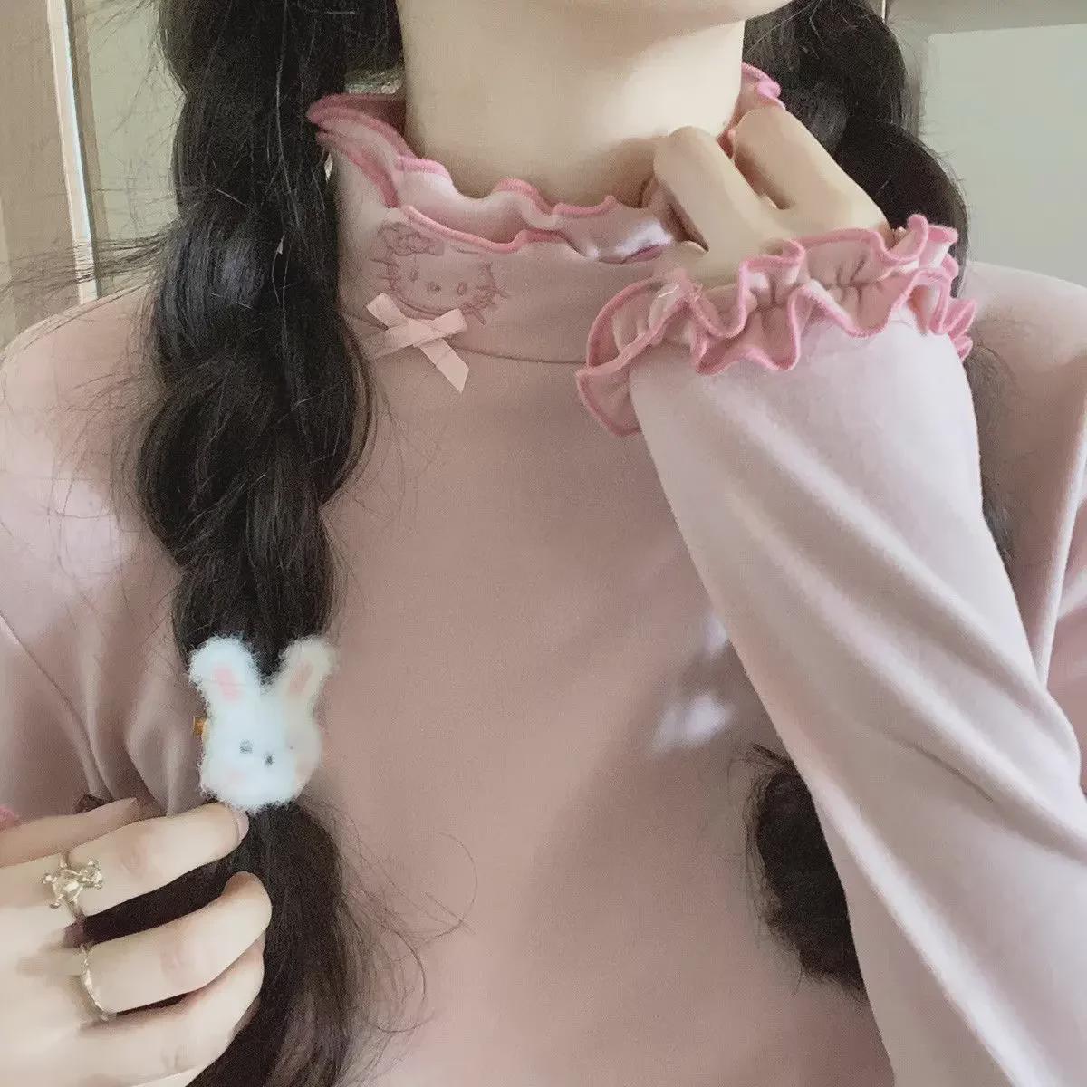 

Теплый бархатный женский топ с оборчатым воротником S (60-80 jin) розовый