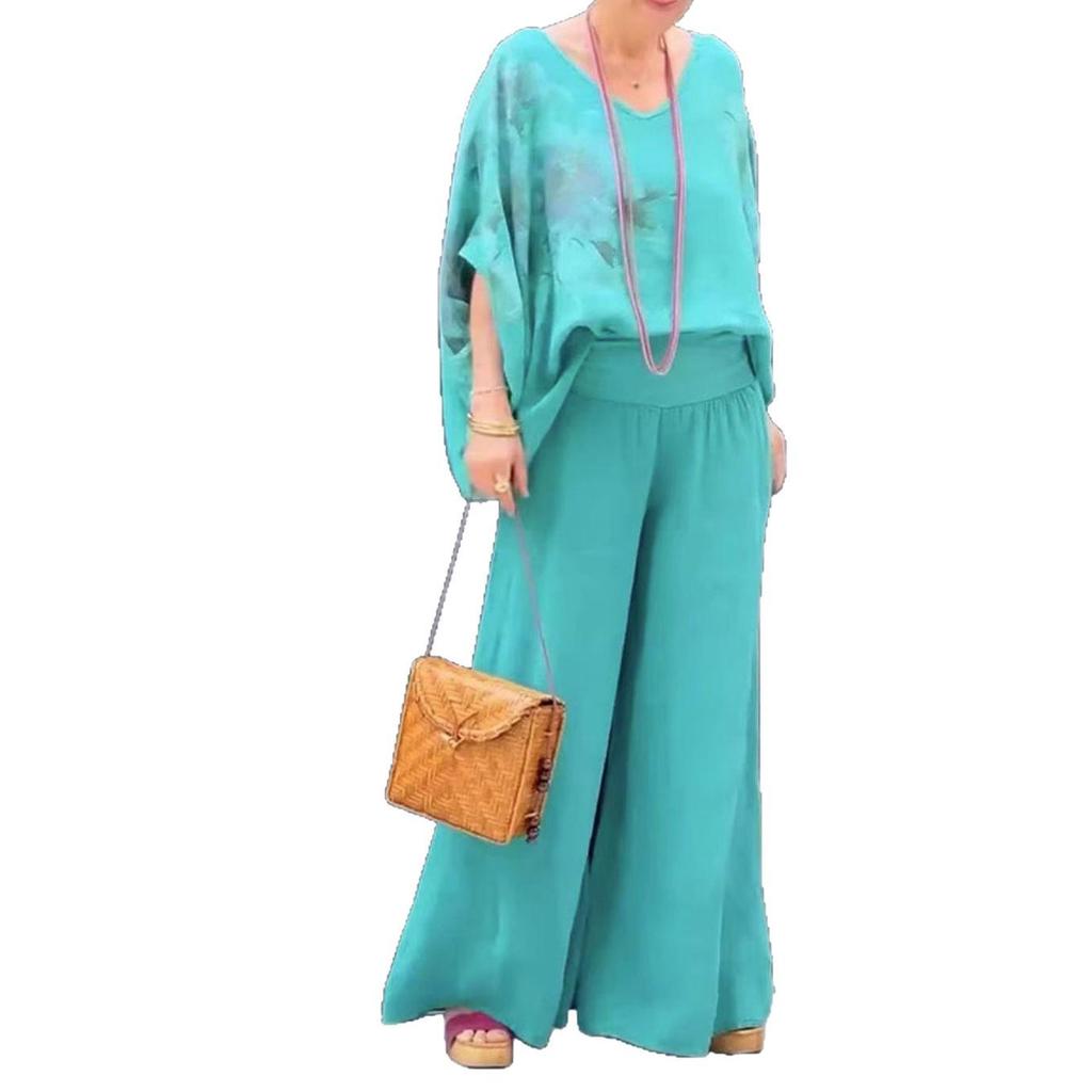 2026 Women's V-Neck Cotton Linen Print Top & Long Pants Casual Set
