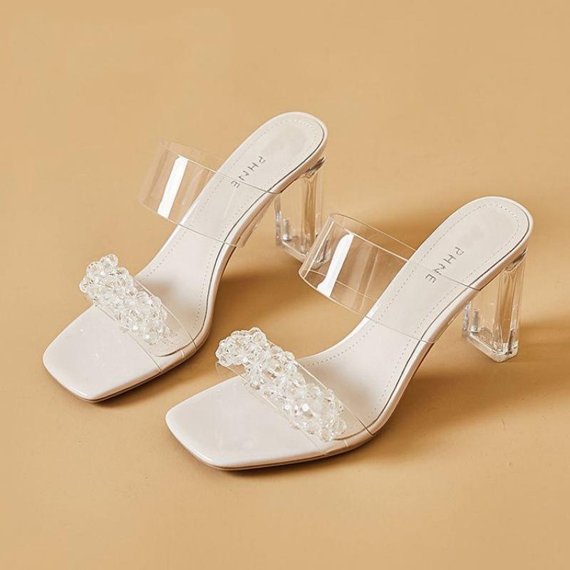 

2025 summer new ins trendy Internet celebrity fashion word with transparent sandals women s high heels crystal thick heel cool slippers 40