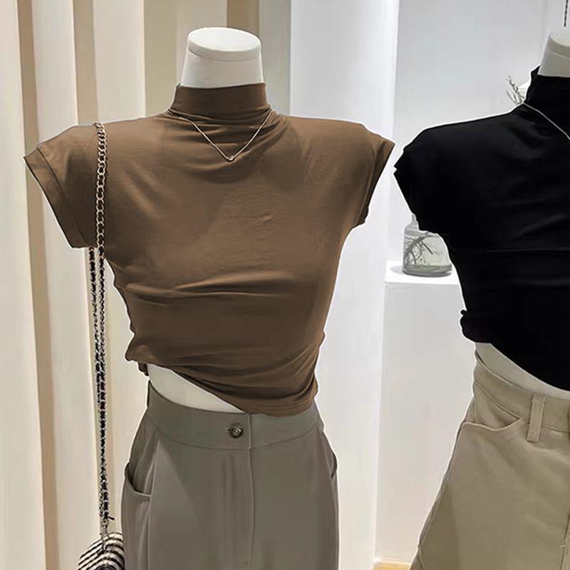 Women's Black Slim Fit Modal Cotton Semi-High Neck Short Sleeve Top