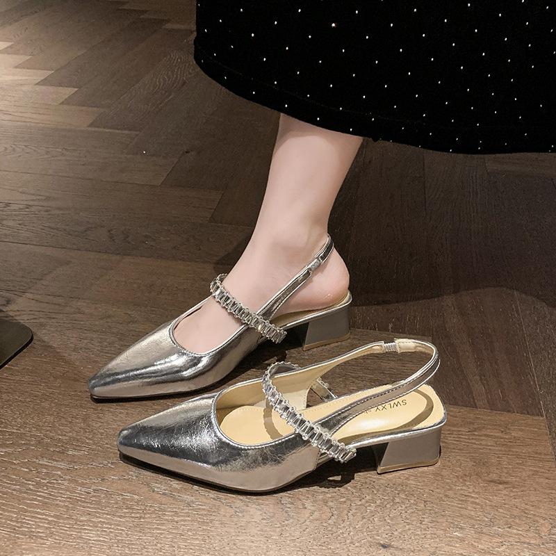 One word with rhinestone sandals women's summer new bag head half drag thick heel shoes pointed single shoes women's outer wear