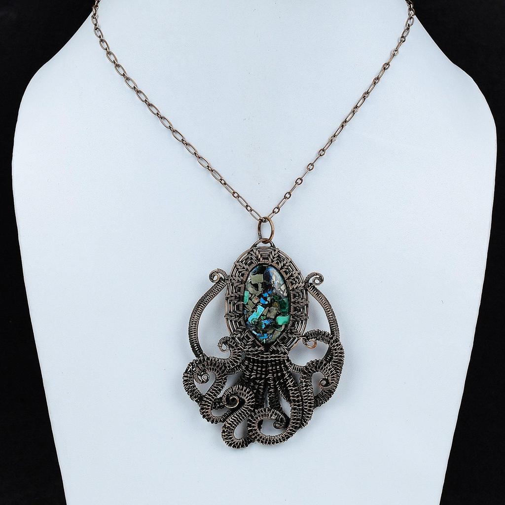 Copper Azurite Malachite Pendant Copper Wire Wrapped Gemstone Pendant Copper Designer Jewelry Octopus Pendant Handmade Jewelry Gift For Mom