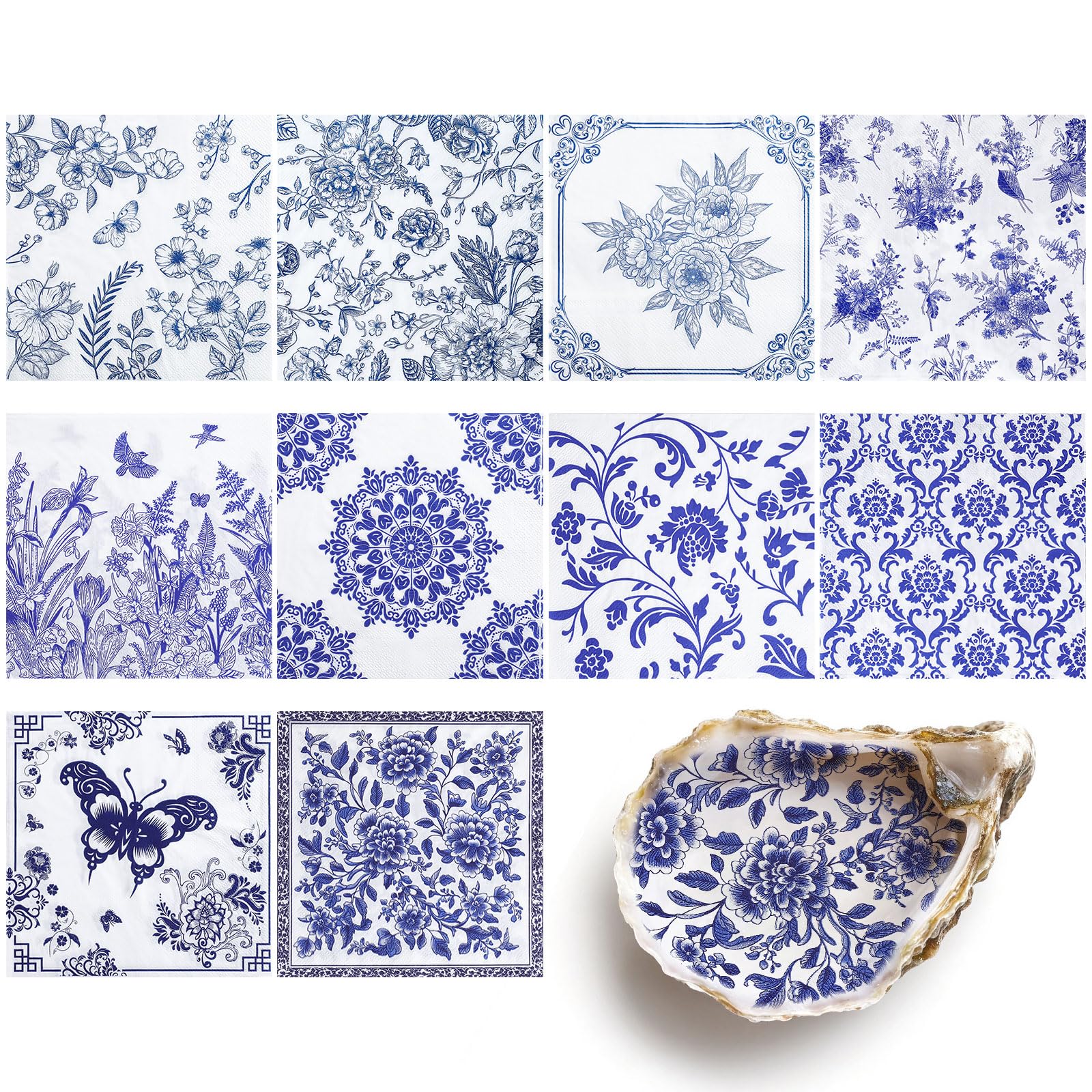 NatNarr 30 Pack Decoupage Napkins, 30 Styles Assorted Floral Napkins Decorative Decoupage Toile Napkin Floral Cocktail Napkin for DIY Crafting Spring Blue Floral