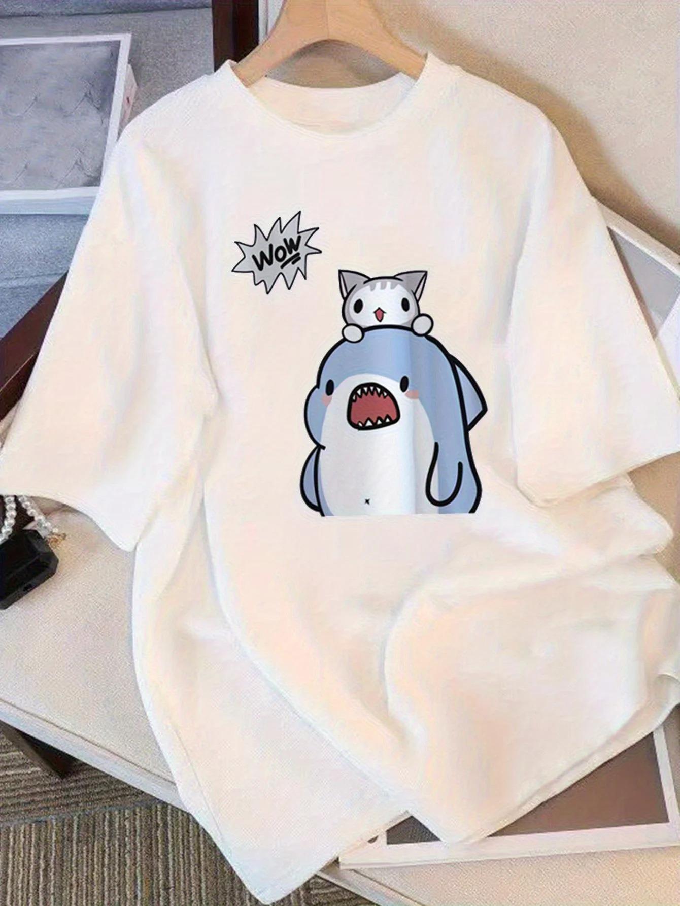 

Womens Cute Cartoon Cat Shark Graphic with Playful WOW Text Breathable Round Neck Short Sleeve Tee Harajuku Sleeve Casual 4XL