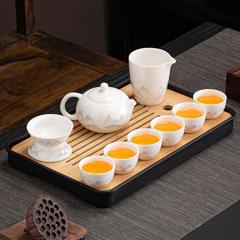 High-end tea set, ink, suet jade, kung fu white porcelain set, high-end teapot for home use, holiday gift