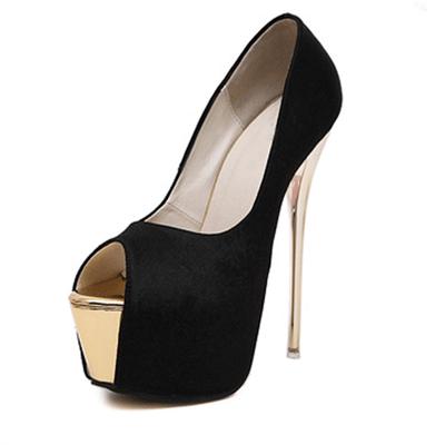 Große Größe 34-45 Super High Heels 16CM Hochzeitsschuhe Damen Schwarz Flock Mode Gold Plateau Peep Toe Damen Party Abschlussball Pumps 16cm