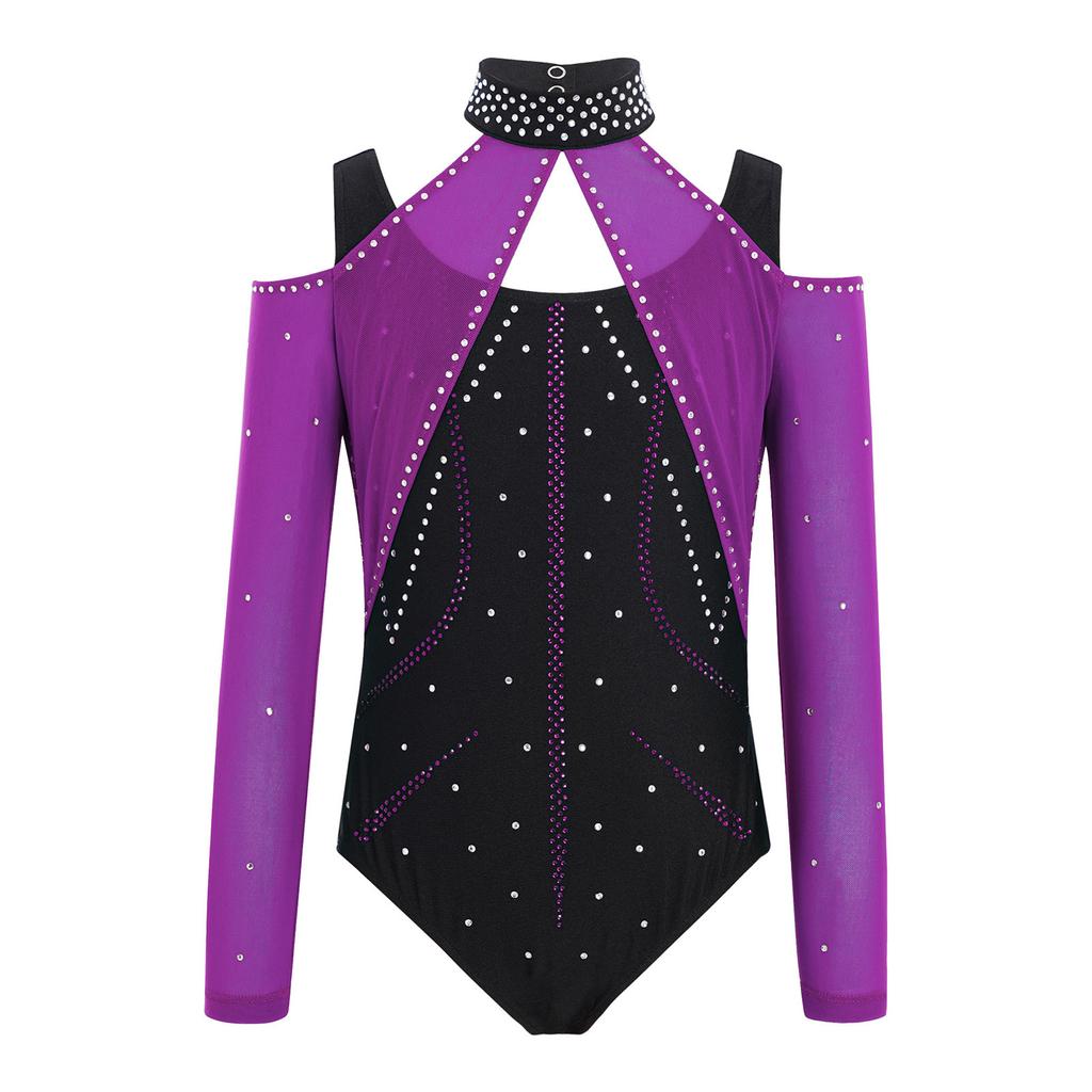 Kombinezon Gimnastyczny dla Dziewcząt Wycięcia Siateczkowe Patchwork Błyszczące Cyrkonie Color Block Body Baletowe