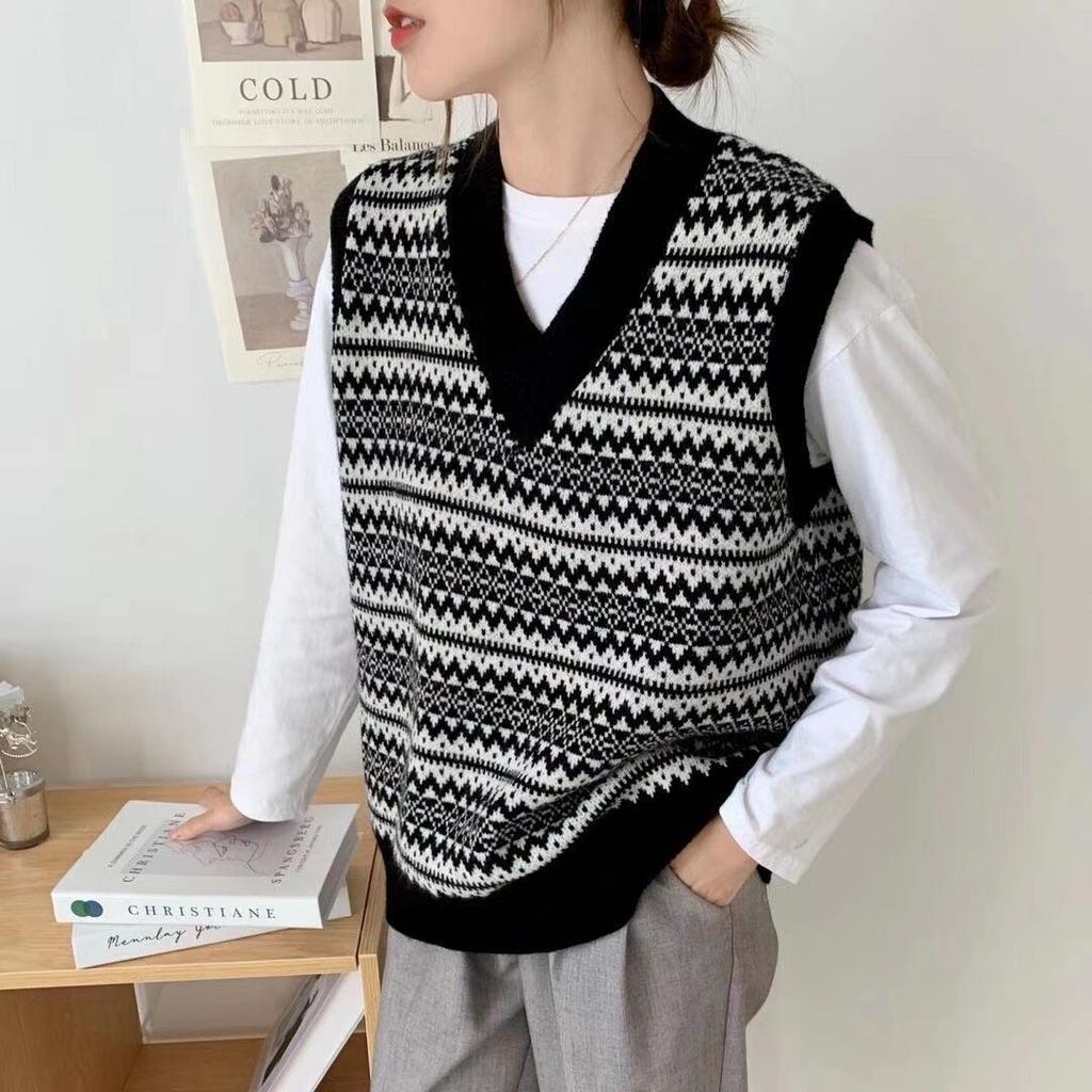 Geo Pattern Sweater Vest, Preppy V Neck Sleeveless Vest for Fall & Winter, Women's Clothing