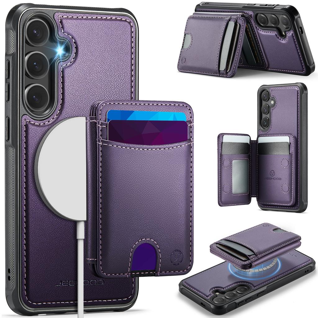 For Samsung Galaxy S26 Magnetic Case JEEHOOD J10 Leather Back Phone Cover with Detachable Card Holder Kickstand